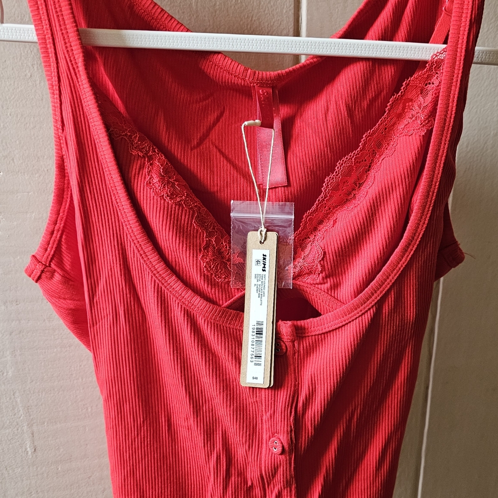 SKIMS Red Lace Detail Chemise